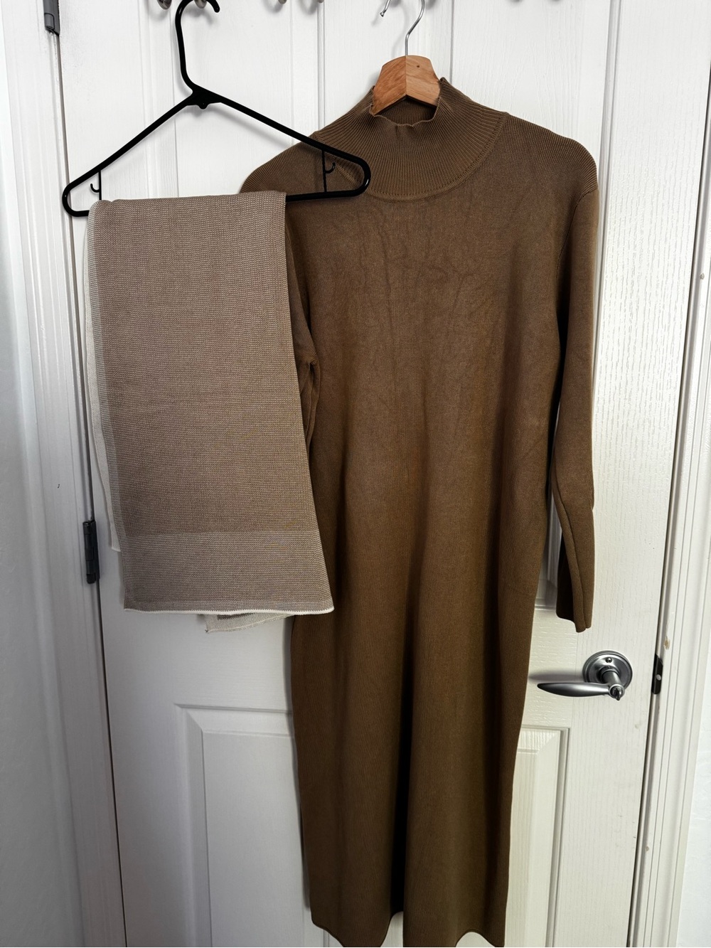 Brown Long Knit Turtleneck Dress with Matching Scarf